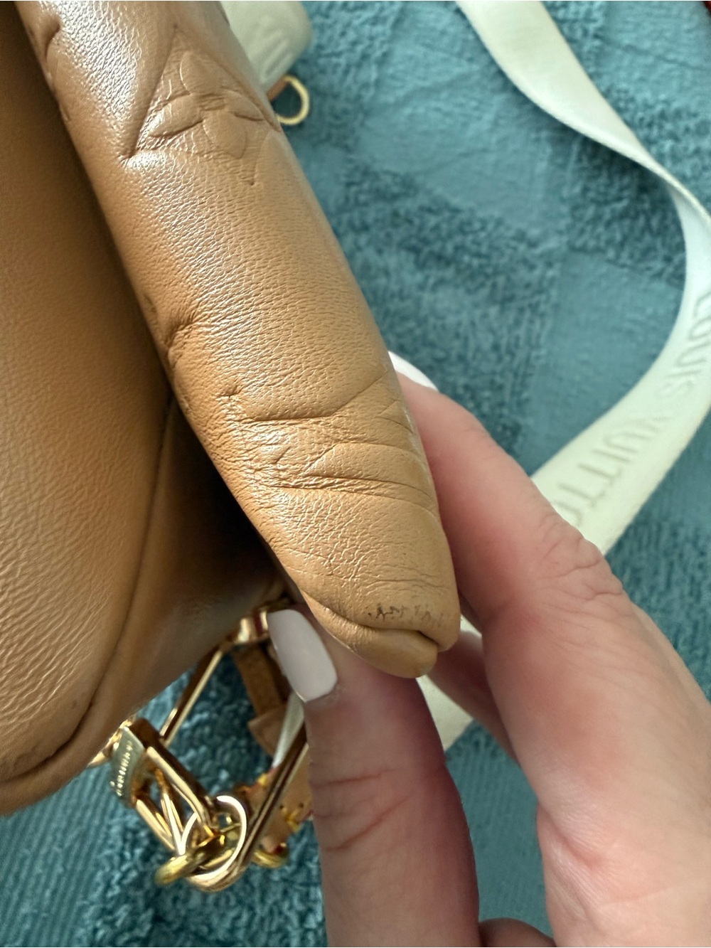 Louis Vuitton Camel Embossed Monogram Crossbody Coussin with Cream Strap - Picture 10 of 16